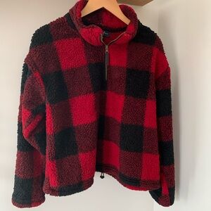 Love Tree Red and Black Sherpa Cropped Pullover